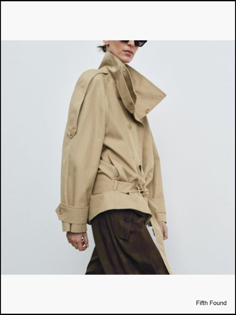 Cropped Double Breasted Trench Coat with Belt, Funnel Neck, Short Jacket - Picture 2 of 7
